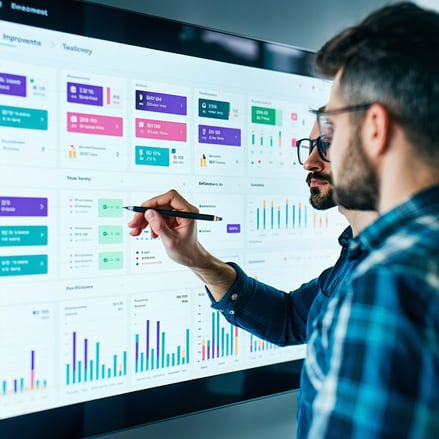 A closeup of a project manager and developer reviewing a Kanban board on a large touchscreen showing task progress and performance metrics In the background graphs illustrate improvements in project delivery and team efficiency