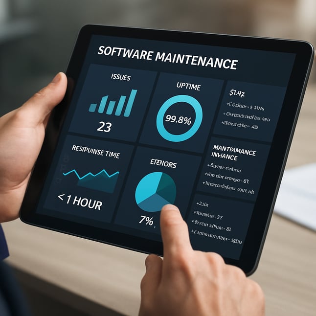 A closeup of a project manager or IT specialist using a tablet showing a dashboard with software maintenance metrics and servicelevel agreements illustrating transparent and efficient software maintenance processes-1