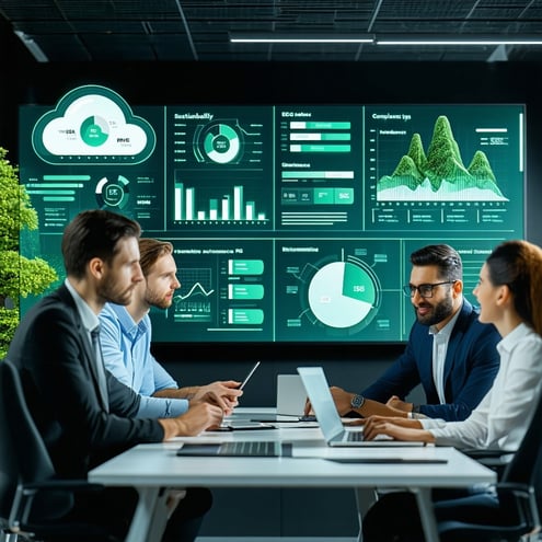 A closeup of a team of IT professionals collaborating around a digital dashboard displaying sustainability KPIs cloud resource usage and ESG compliance metrics The environment is hightech with visible elements of automation and data analytics and sub-1