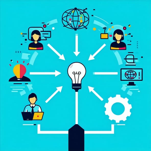 A conceptual graphic illustrating the integration of specialized IT talent into a companys digital transformation journey It should include icons or visuals representing recruitment onboarding continuous learning and agile project management connecte