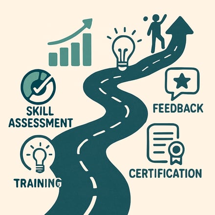 A conceptual image showing a roadmap or pathway with milestones labeled as Skill Assessment Training Certification and Feedback combined with icons representing growth and success illustrating the stepbystep process of a talent development plan-1