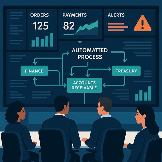 A dashboardstyle visualization showing an enterprise team monitoring and controlling a digital workflow for financial operations Screens display realtime data orders payments alerts and automated process flows connecting different departments Finance-1