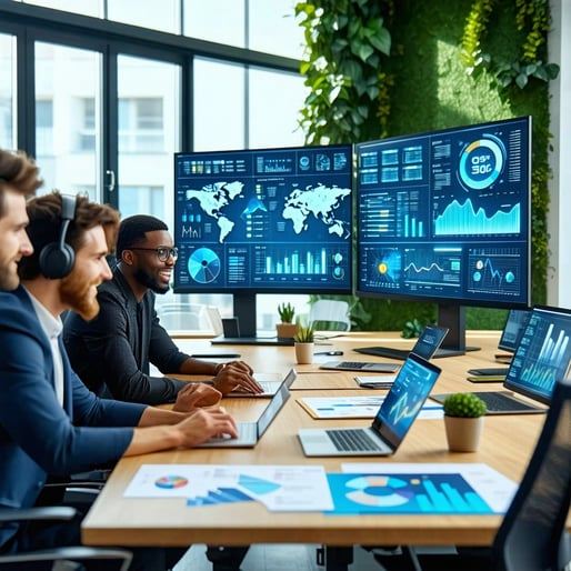 A diverse team of IT and business professionals collaborating in a techenabled workspace Digital dashboards on screens show sustainability KPIs and ESG scores The scene highlights the synergy between specialized IT talent digital transformation and s-1