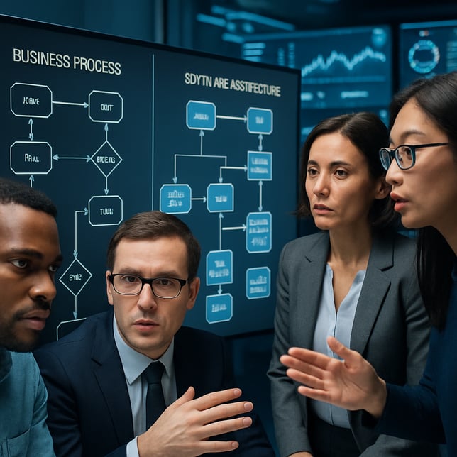 A focused midaction shot of a specialized IT team and financial leaders reviewing business process diagrams and software architecture on digital boards The scene features multicultural professionals discussing regulatory compliance and client experie