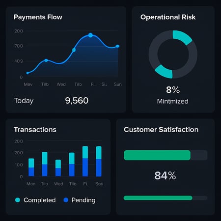 A modern dashboard view with charts and progress bars visualizing realtime payment flows minimized operational risks and satisfaction ratings