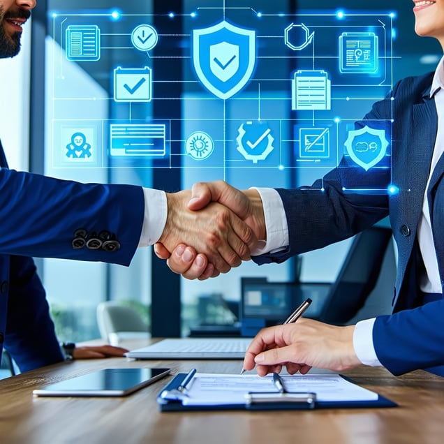A modern office environment showing two business leaders one male one female in formal attire shaking hands with a consultant in front of a digital screen displaying compliance icons check marks certificates and shield symbols The atmosphere should c