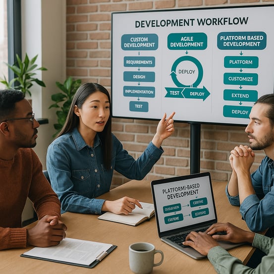 A modern workspace a diverse team of IT professionals engaged in collaborative design thinking with screens displaying workflow diagrams for custom agile and platformbased development The image highlights teamwork and adaptation to distinctive busine