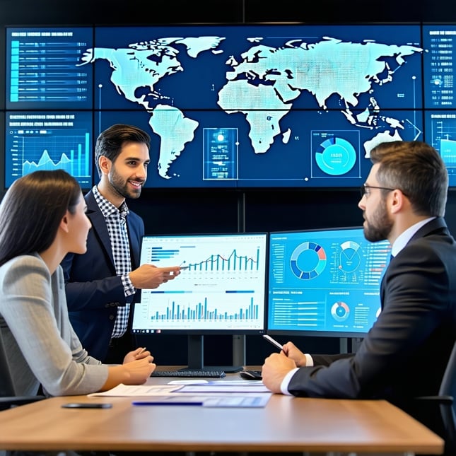 A professional meeting scene with a CIO legal director and compliance officer reviewing digital dashboards displaying compliance metrics risk assessments and audit trails The atmosphere should reflect collaboration transparency and the strategic inte-1