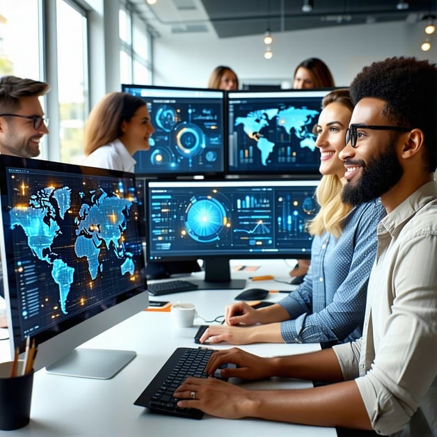 A professional scene showing a diverse team of IT specialists collaborating in a hightech workspace The background should include screens or dashboards displaying data visualizations machine learning models or code snippets The focus should be on tea