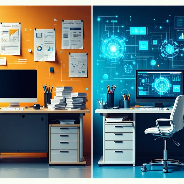 A splitscreen image illustrating the Before and After of AI adoption in business Left side Before AIA cluttered office desk with stacks of paper, a