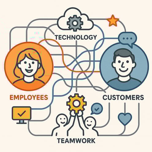 A symbolic visual showing interconnected lines between happy employees and satisfied customers illustrating the virtuous cycle where positive employee experience boosts customer experience through technology and teamwork