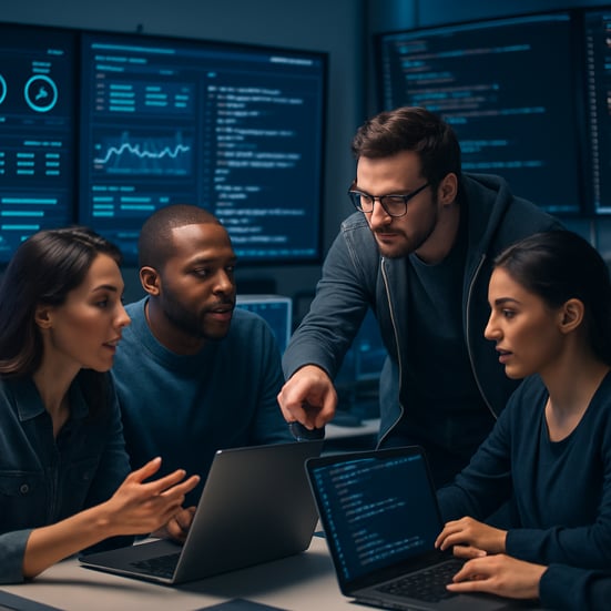 A team of software engineers collaborating in a hightech environment with visible dashboards and code on screens This image should reflect agility teamwork and continuous improvement illustrating CEQCs cellular model of specialized software maintena-1