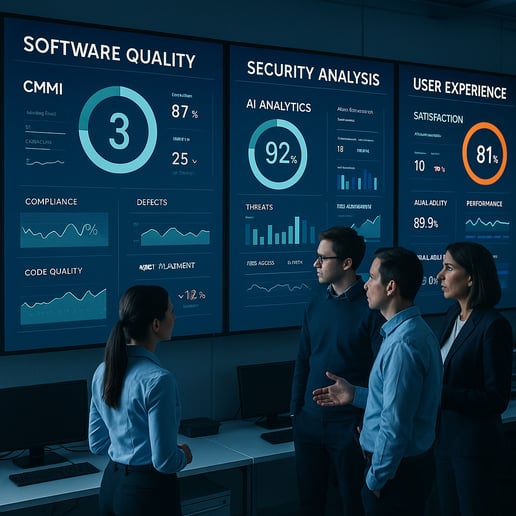 A visual of a modern data center or tech office environment where a team of IT specialists reviews software quality and security dashboards on large digital screens On the screens metrics related to CMMI standards AI analytics and user experience ind-1