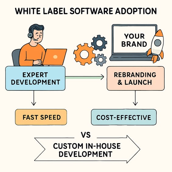 An illustrated flowchart showing the white label software adoption process from expert development and customization to rebranding and launch under th