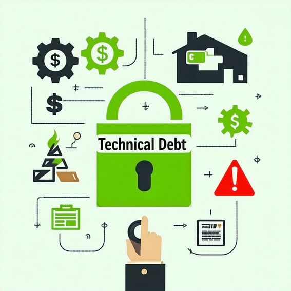 An image illustrating how technical debt accumulates and its consequences for businesses with icons such as gears dollar signs and warning symbols The image should also highlight solutions like adopting standards and scalable architectures Use colors-1