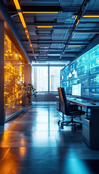 An image of a futuristic office space with advanced technology such as artificial intelligence, cybersecurity systems, cloud infrastructure, and risk