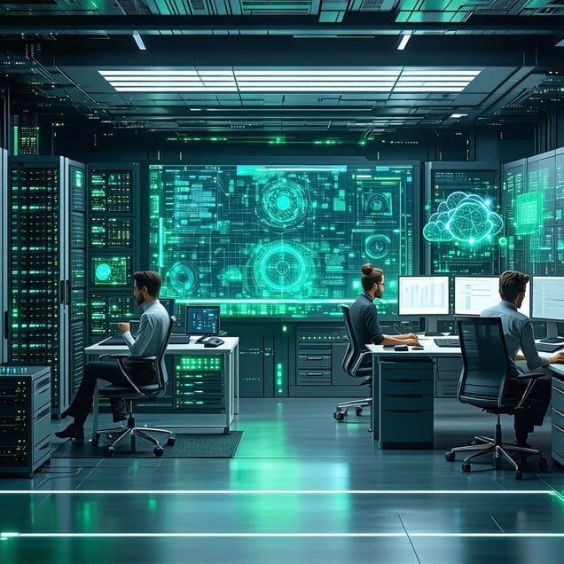 An image showcasing a hightech workspace with a computer screen displaying complex code or AI algorithms The setting should include elements like servers data dashboards or cloud computing visuals to highlight the technical depth of AI projects Profe-1