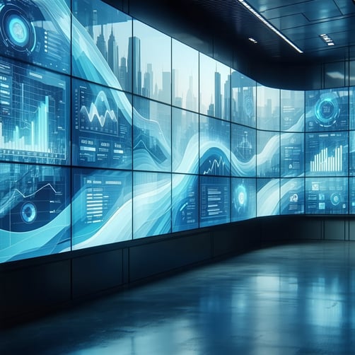 An image without text andor phrases showing a modern business environment where screens show a flowing design that captures the transformative effects of process digitalization The overall composition is characterized by clean lines and a cohesive co-1