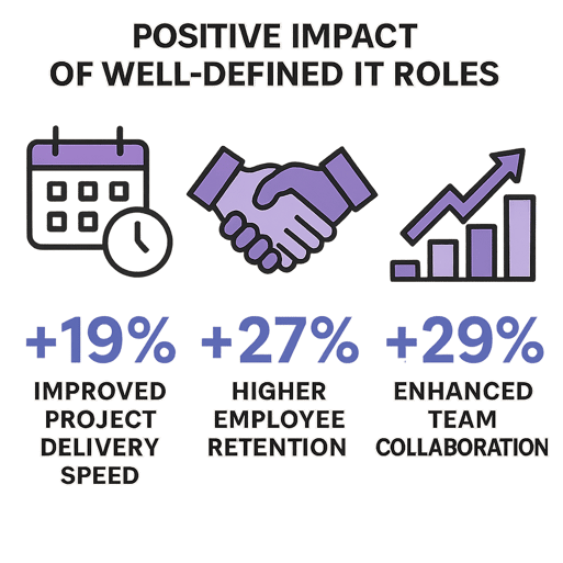 An infographicstyle visual showing the positive impact of welldefined IT roles improved project delivery speed higher employee retention and enhanced team collaboration using icons eg calendar handshake growth arrow and bold easytoread data points