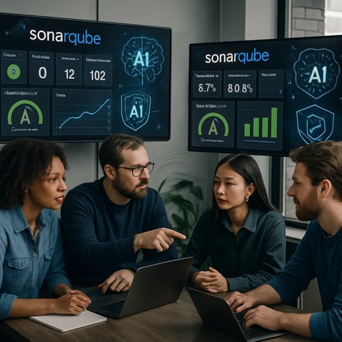 Developers collaborating around screens displaying SonarQube dashboards with charts showing code quality metrics overlays of AI algorithms and security compliance badges highlighting teamwork technology and audit transparency in a corporate environme-1