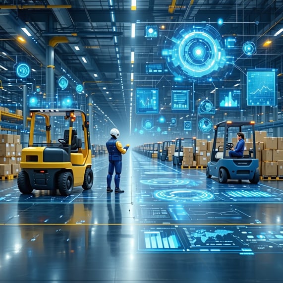 The body image should focus on a practical application of AI and automation in business operations For example it could show a logistics hub with autonomous vehicles or drones managing deliveries alongside a dashboard displaying realtime analytics po