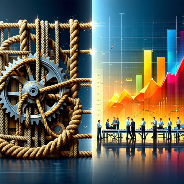 The dynamic splitvisual juxtaposes two contrasting scenes to illustrate the impact of operational efficiency On the left side a chaotic cluster of knotted ropes and sluggish rusted gears symbolize the five prevalent errors that hinder productivity th