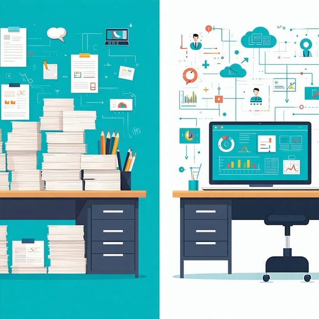 The illustration vividly contrasts the old and new paradigms of workflow processes On the left side a cluttered desk filled with stacks of paperwork pens and folders symbolizes the cumbersome manual system complete with icons representing timeconsumi