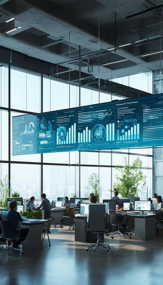 The image depicts a futuristic office environment filled with bright, open spaces and advanced technology