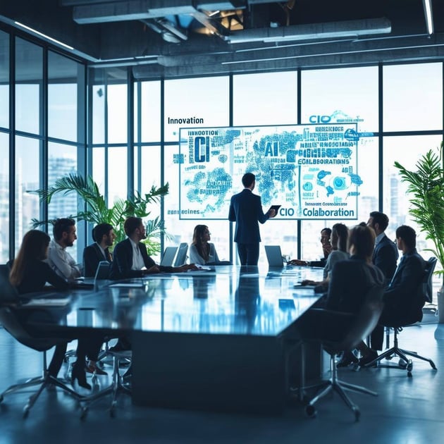 The image depicts a modern office environment with a central figure standing confidently at a large, sleek conference table-1