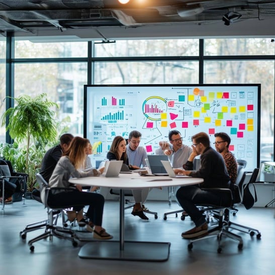 The image depicts a modern office space filled with diverse teams of IT and software development professionals engaged in collaborative discussions-1