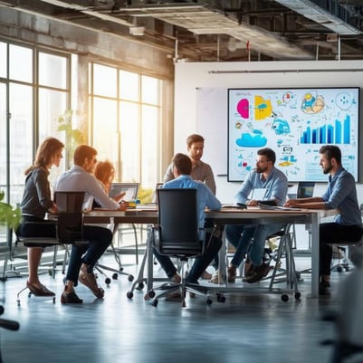 The image features a modern office space bustling with activity, showcasing a diverse group of IT professionals engaged in collaborative discussions a-1