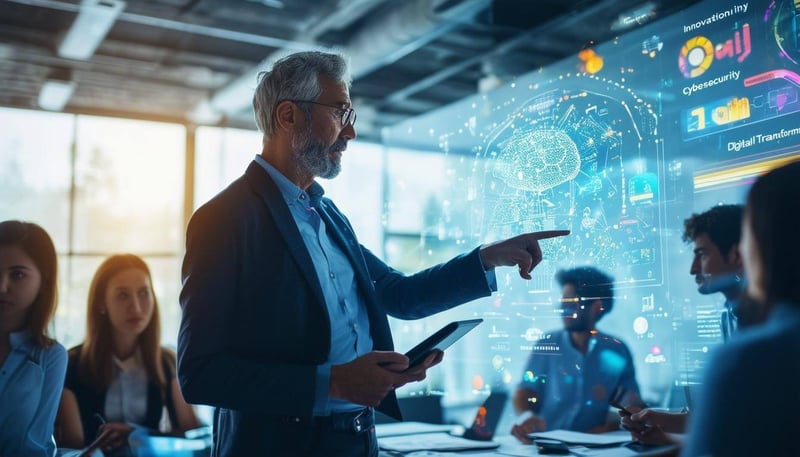 The image shows a Chief Information Officer CIO in a modern conference room, surrounded by interactive screens displaying data graphs and technology t-1