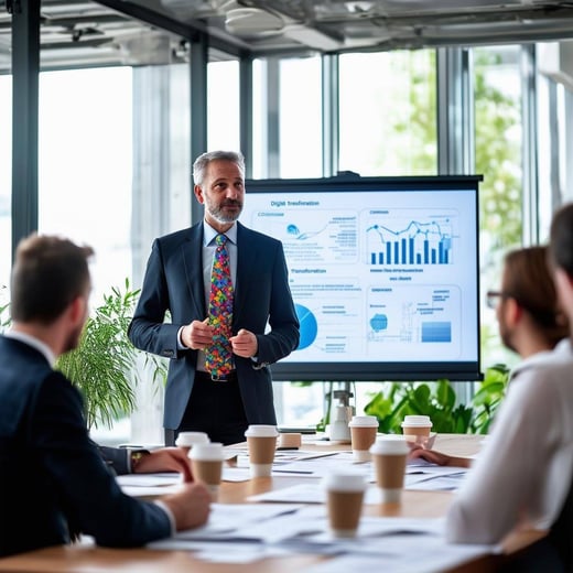 The image shows a group of professionals in a modern conference room, illuminated by natural light coming in through large windows-2