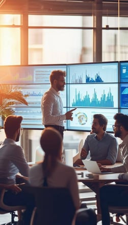 The image shows a team of IT professionals gathered in a modern collaborative workspace viewing at modern flat screens showing charts of the key digit-1