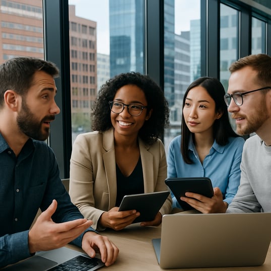 photographic A visual showing a closeup of team members engaging in a discussion with laptops and tablets highlighting effective communication and sup-3