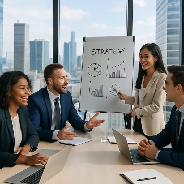 photographic In a modern corporate office bathed in bright natural light a diverse group of professionals engages in a dynamic strategy meeting The ex