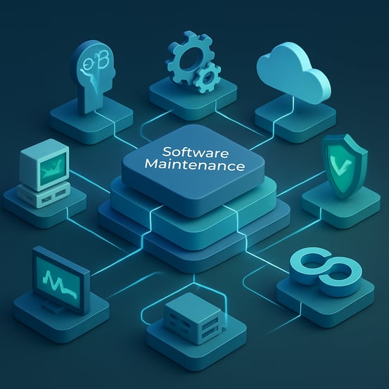 photographic Visualize an isometricstyle illustration depicting a vibrant layered application landscape At the center a robust software maintenance hu-2